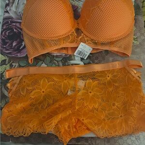 Orange Lace Women Intimates Set  Bra Has Adjustable Straps